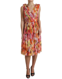 Elegant Floral Silk Midi Dress with V-Neck Dolce & Gabbana