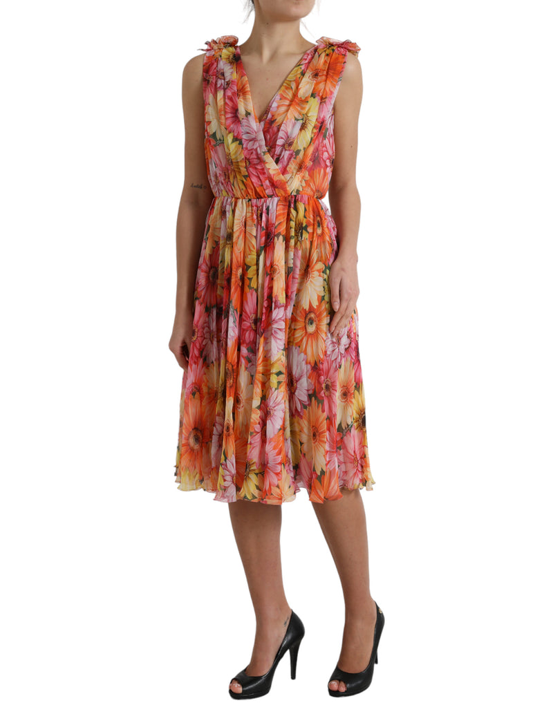 Elegant Floral Silk Midi Dress with V-Neck Dolce & Gabbana