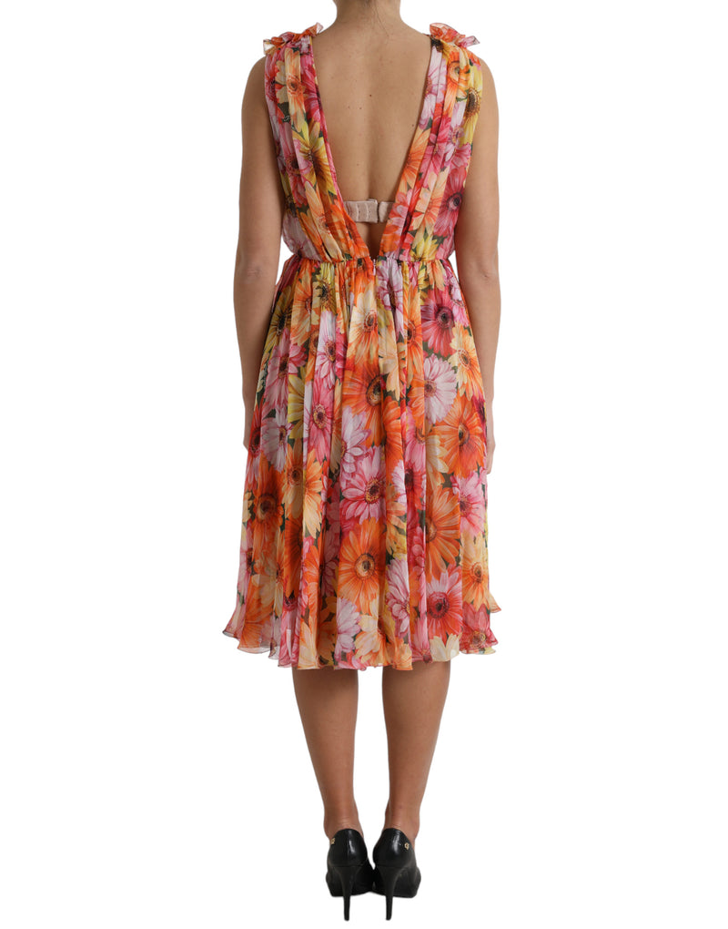 Elegant Floral Silk Midi Dress with V-Neck Dolce & Gabbana