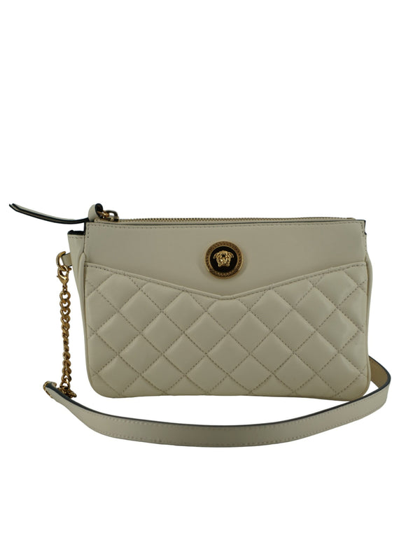 Elegant White Lamb Leather Crossbody Pouch Versace