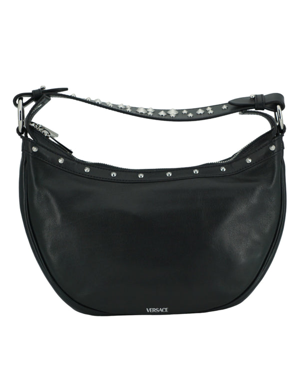 Elegant Black Leather Hobo Shoulder Bag Versace