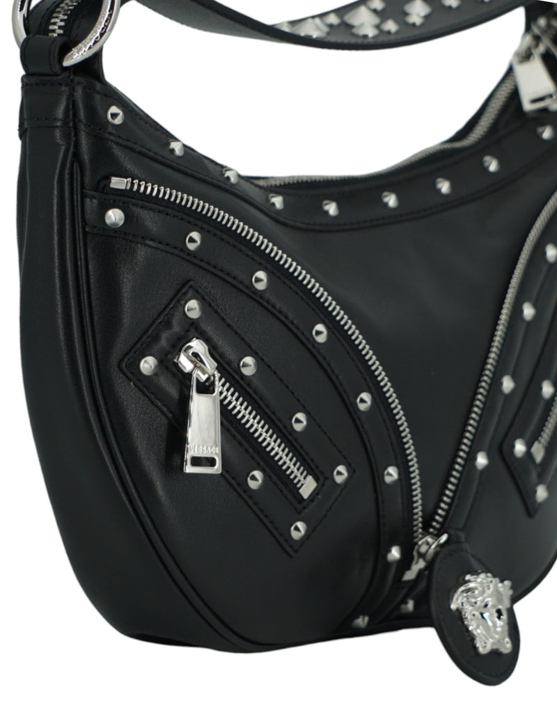 Elegant Black Leather Hobo Shoulder Bag Versace