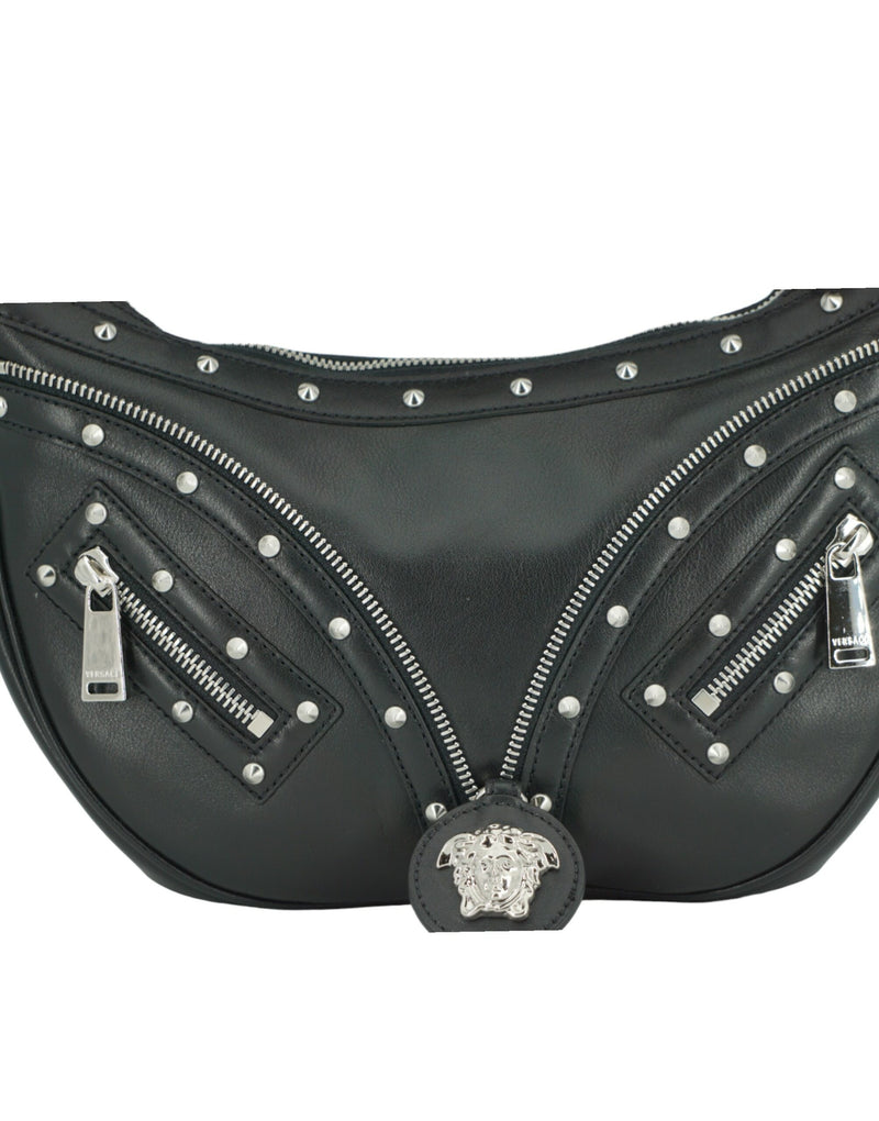 Elegant Black Leather Hobo Shoulder Bag Versace