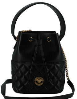 Elegant Black Leather Bucket Shoulder Bag Versace