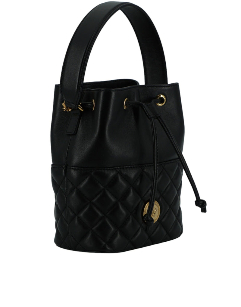 Elegant Black Leather Bucket Shoulder Bag Versace