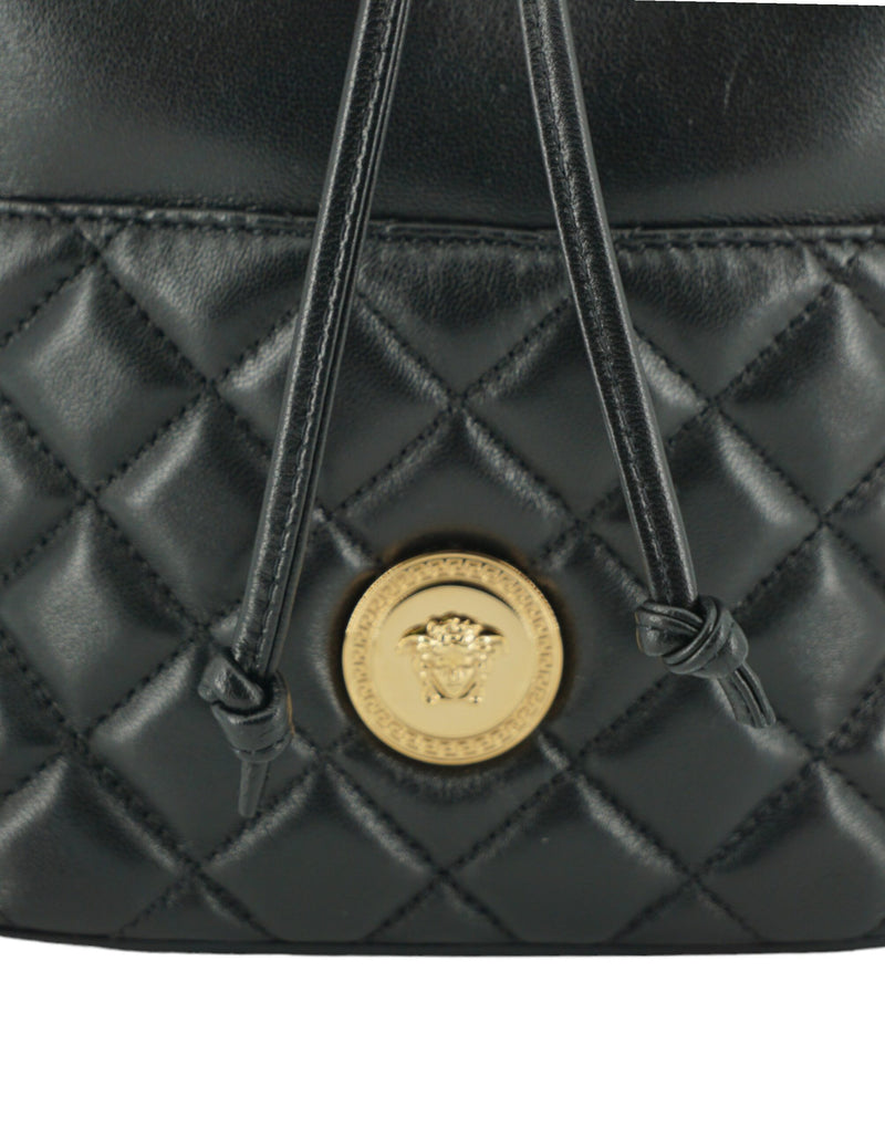 Elegant Black Leather Bucket Shoulder Bag Versace