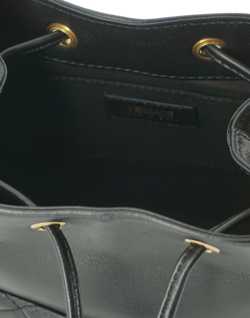 Elegant Black Leather Bucket Shoulder Bag Versace