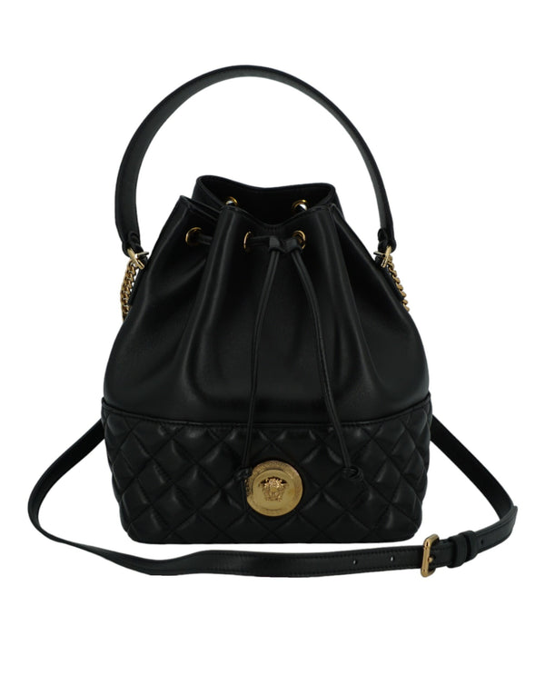 Elegant Black Leather Medusa Bucket Shoulder Bag Versace