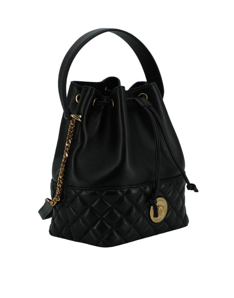 Elegant Black Leather Medusa Bucket Shoulder Bag Versace