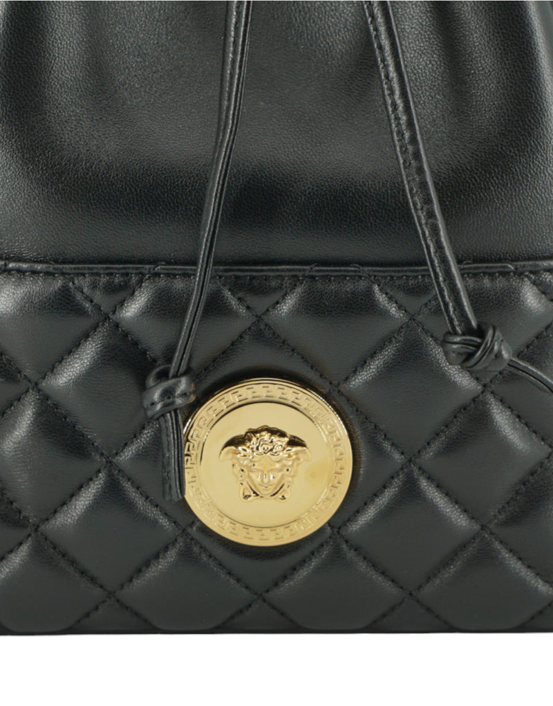 Elegant Black Leather Medusa Bucket Shoulder Bag Versace