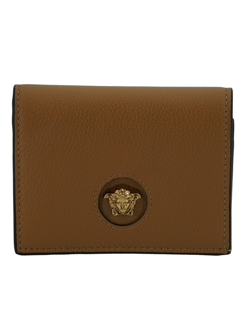 Elegant Compact Leather Wallet in Brown Versace