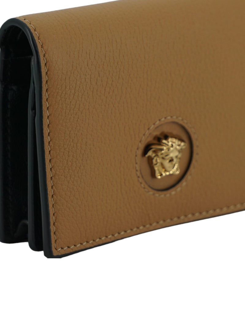 Elegant Compact Leather Wallet in Brown Versace