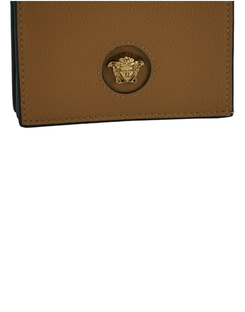 Elegant Compact Leather Wallet in Brown Versace