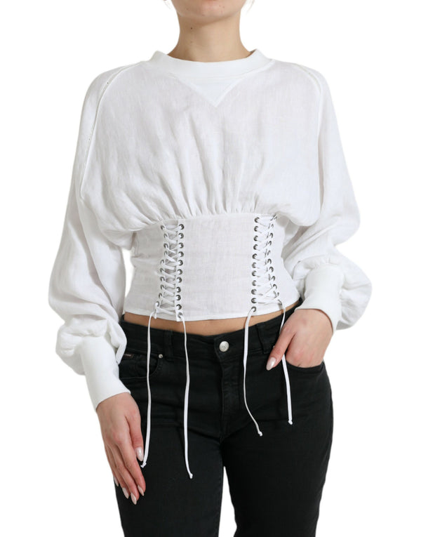 Elegant White Lace-Up Corset Cropped Top Dolce & Gabbana