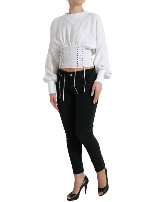 Elegant White Lace-Up Corset Cropped Top Dolce & Gabbana