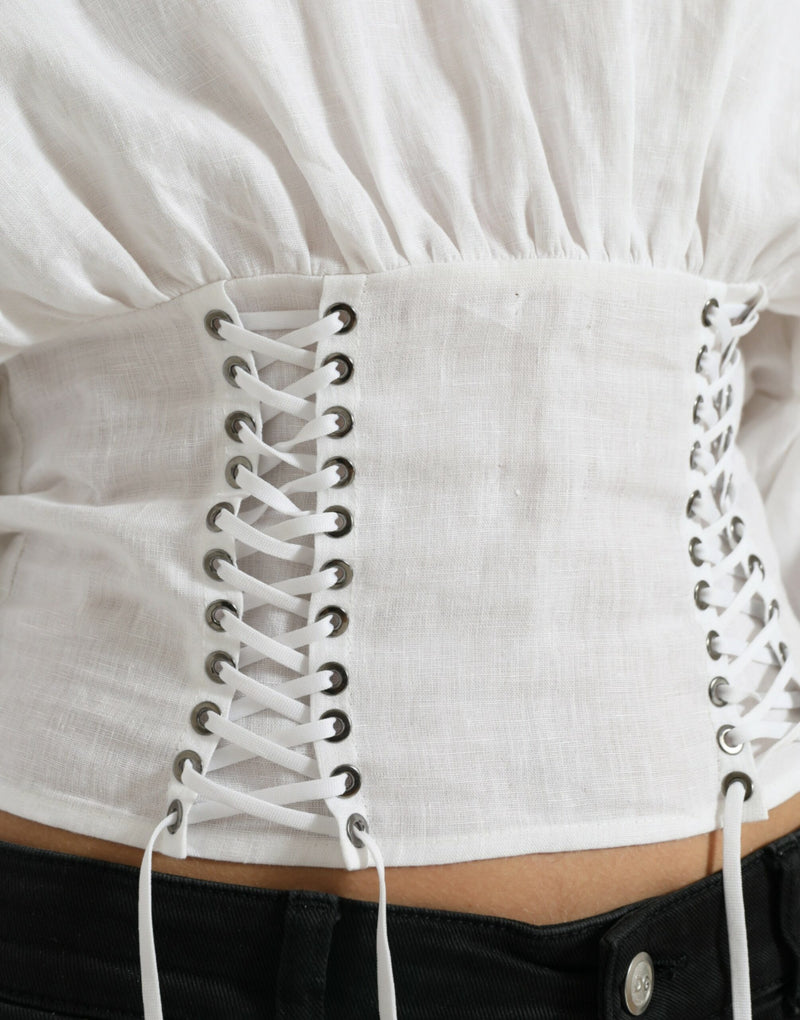 Elegant White Lace-Up Corset Cropped Top Dolce & Gabbana