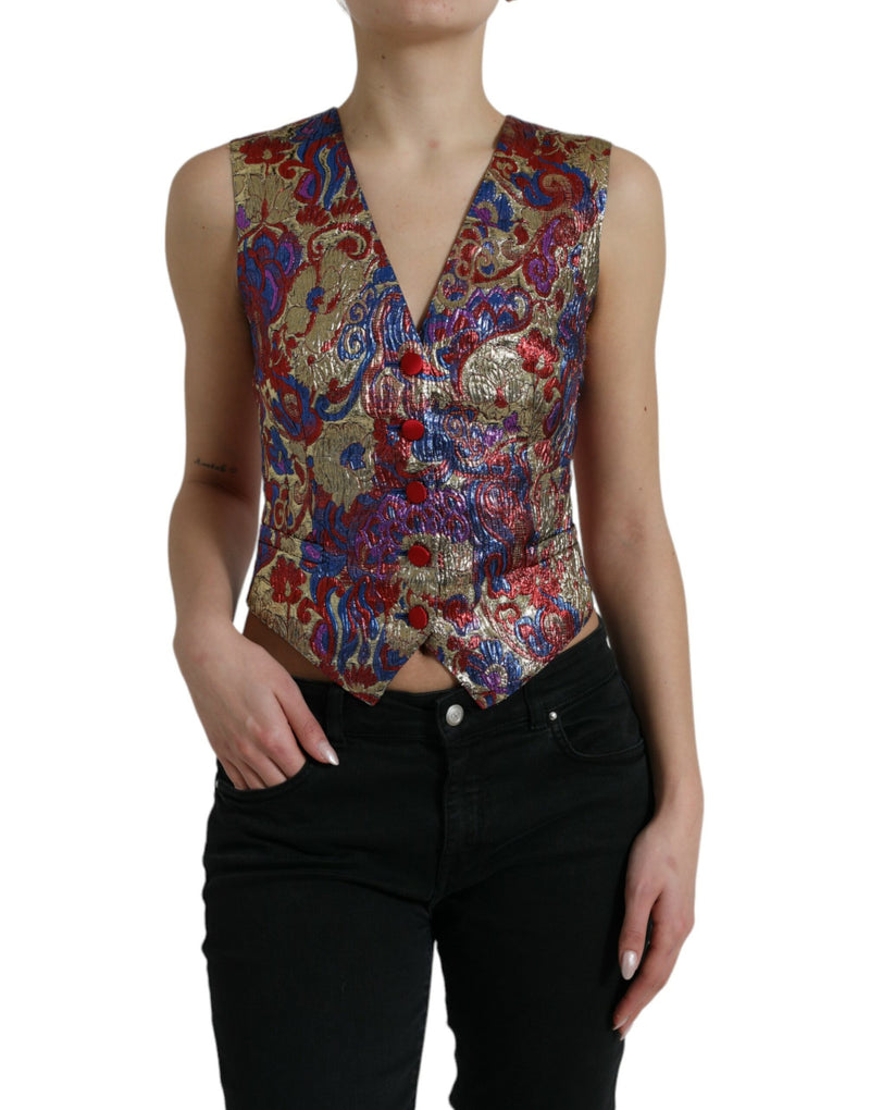 Multicolor Floral Print Jacquard Waistcoat Vest Dolce & Gabbana