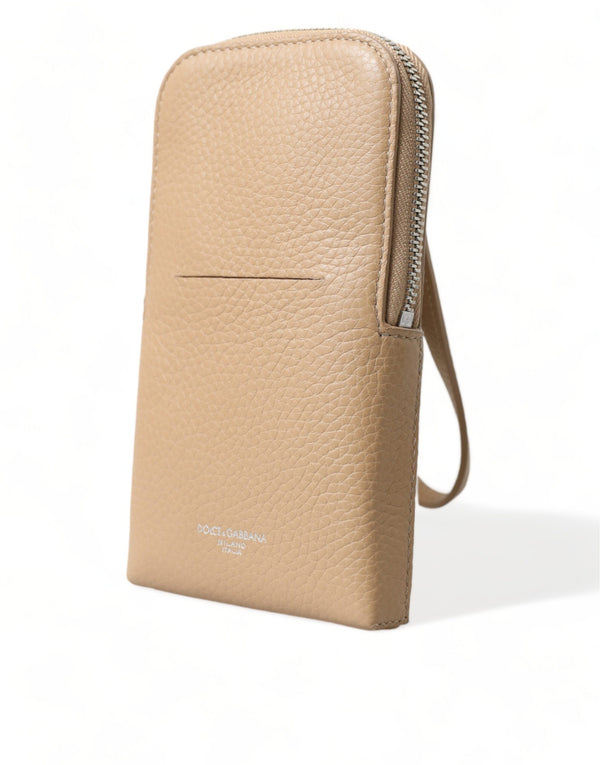 Elegant Beige Leather Crossbody Phone Bag Dolce & Gabbana