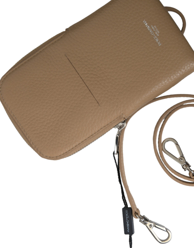 Elegant Beige Leather Crossbody Phone Bag Dolce & Gabbana