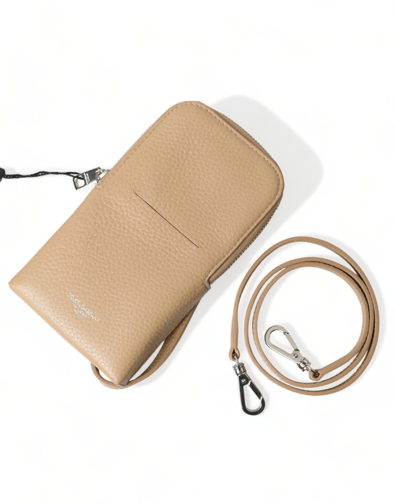 Elegant Beige Leather Crossbody Phone Bag Dolce & Gabbana