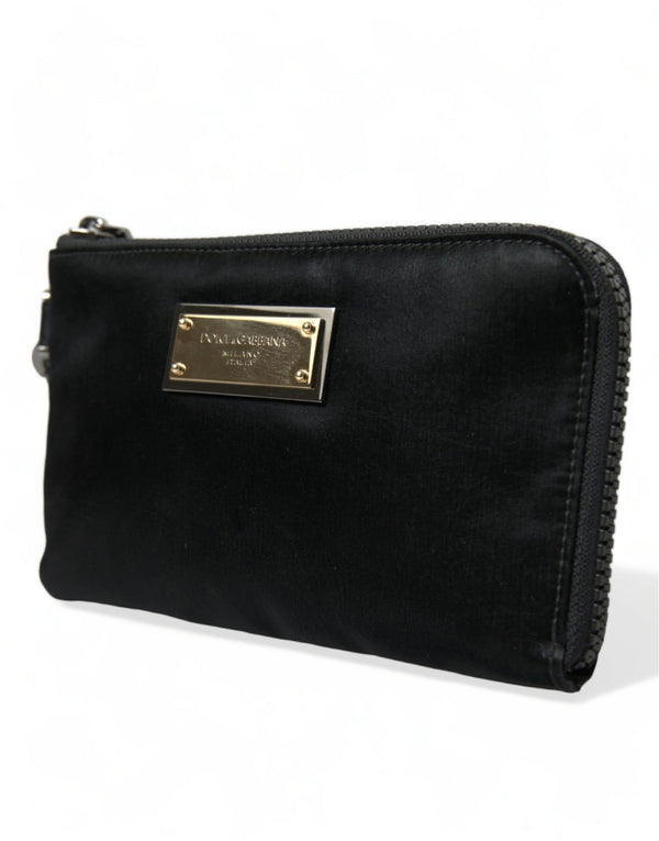 Elegant Black Nylon Leather Pouch with Silver Details Dolce & Gabbana