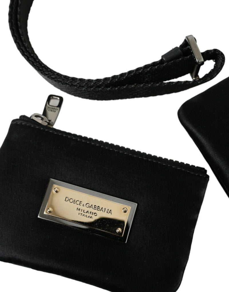 Elegant Black Nylon Leather Pouch with Silver Details Dolce & Gabbana