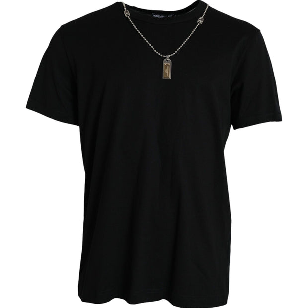 Elegant Black Cotton Crewneck Tee with Dog Tag Detail Dolce & Gabbana