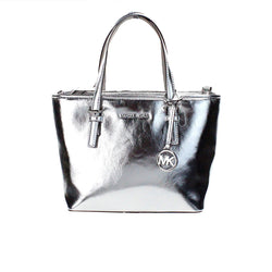 Jet Set Silver Metallic XS Carryall Top Zip Tote Bag Purse Michael Kors