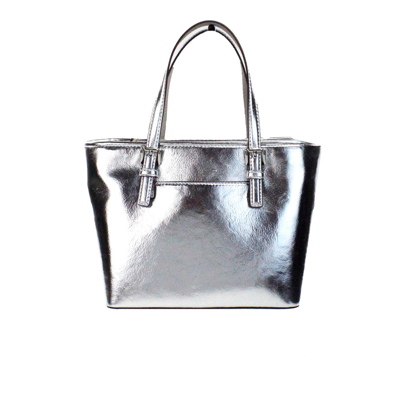 Jet Set Silver Metallic XS Carryall Top Zip Tote Bag Purse Michael Kors