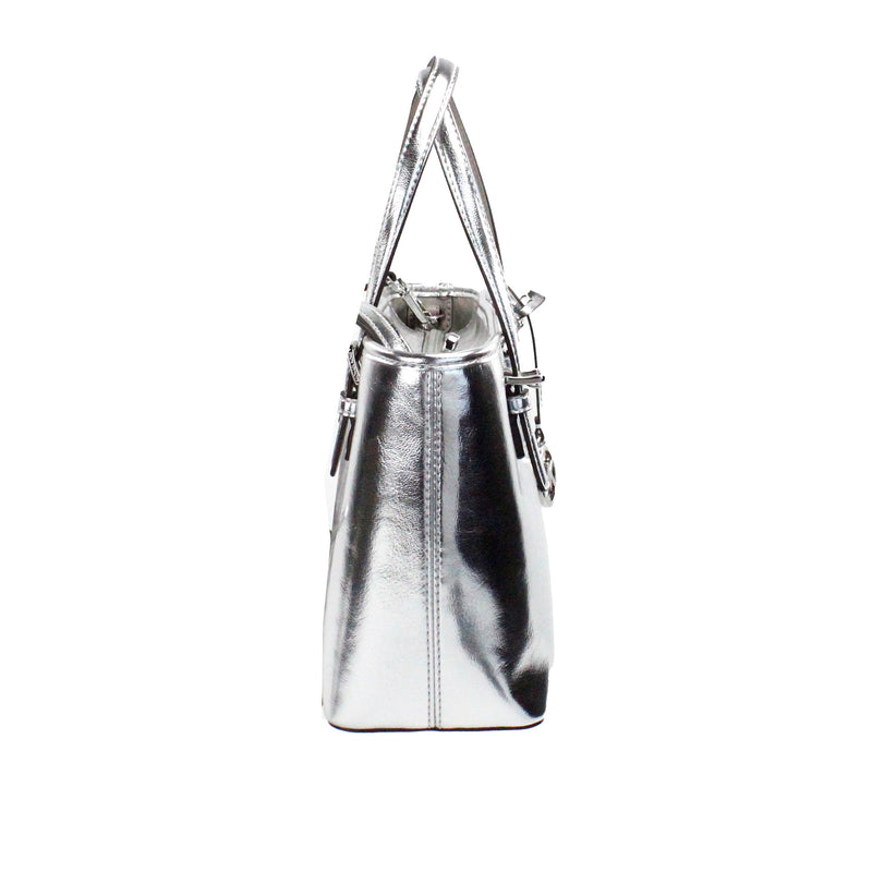 Jet Set Silver Metallic XS Carryall Top Zip Tote Bag Purse Michael Kors