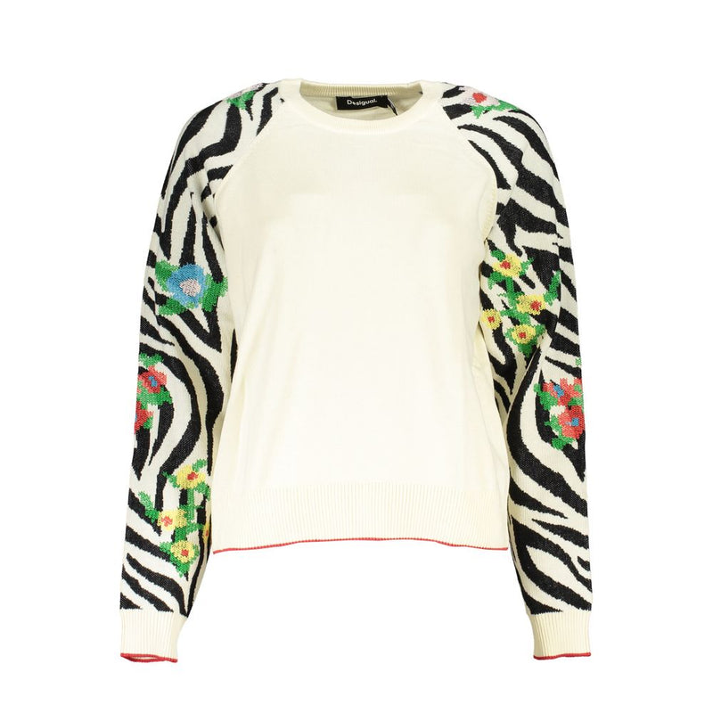 Elegant White Crew Neck Sweater with Contrast Details Desigual