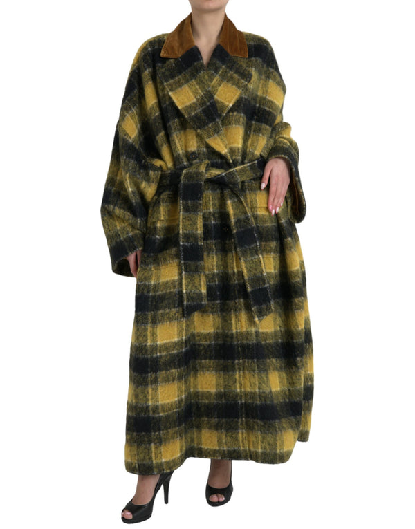 Chic Checkered Long Trench Coat in Sunny Yellow Dolce & Gabbana