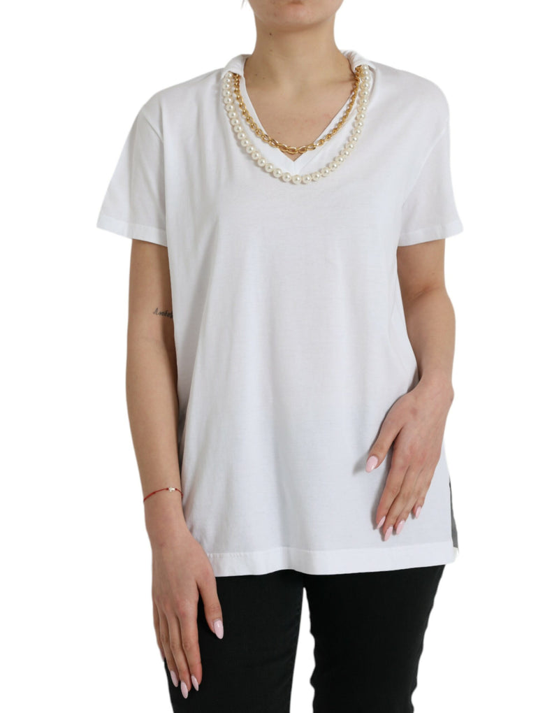 Elegant White Cotton Tee with Necklace Detail Dolce & Gabbana