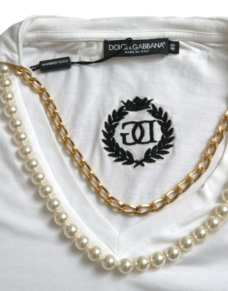 Elegant White Cotton Tee with Necklace Detail Dolce & Gabbana