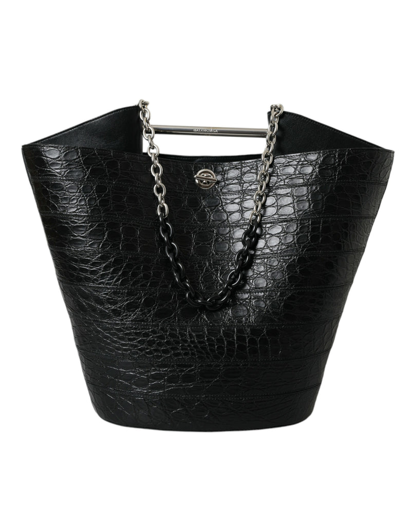 Elegant Black Crocodile Leather Maxi Bucket Bag Balenciaga