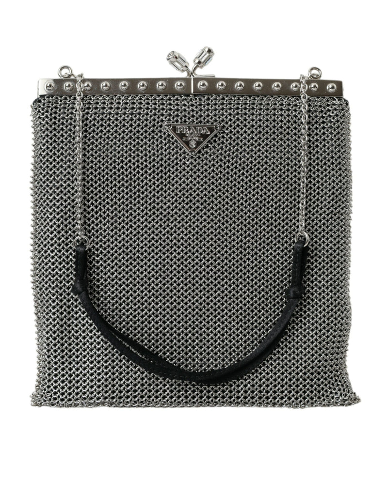 Elegant Silver Mesh Shoulder Evening Bag Prada