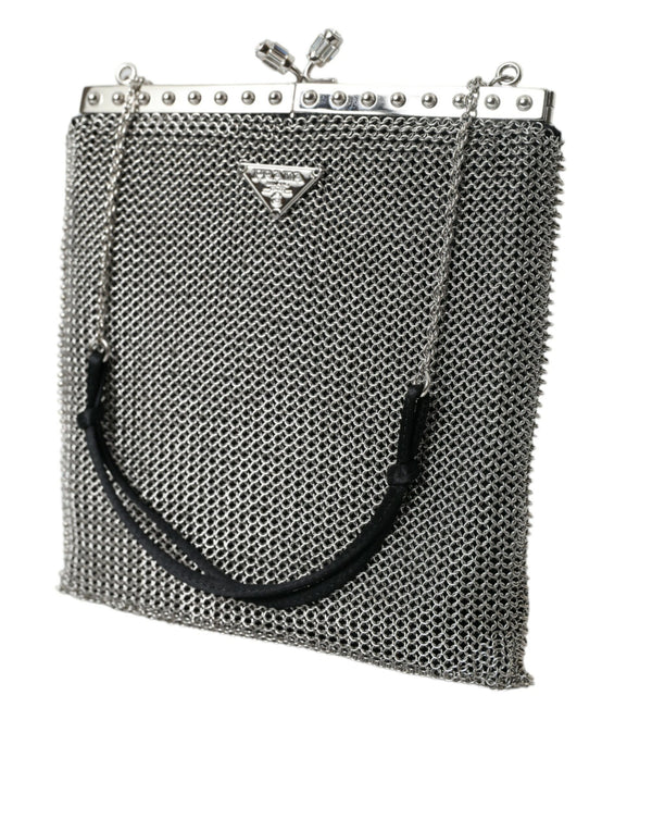 Elegant Silver Mesh Shoulder Evening Bag Prada