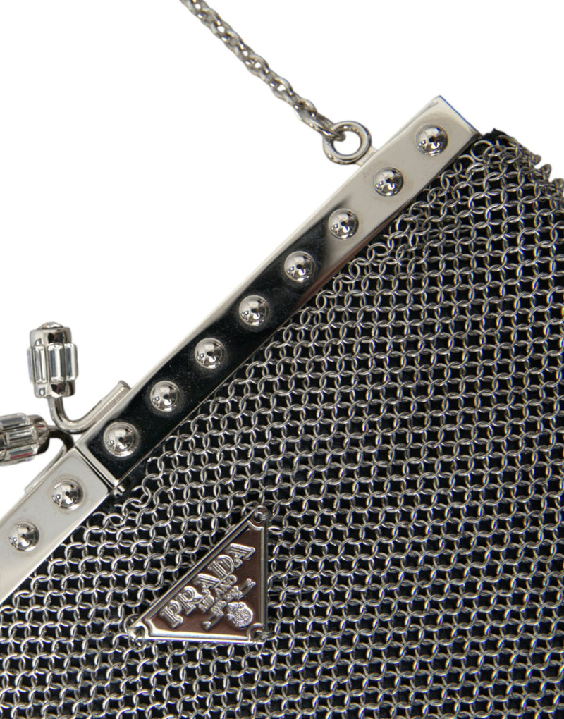 Elegant Silver Mesh Shoulder Evening Bag Prada