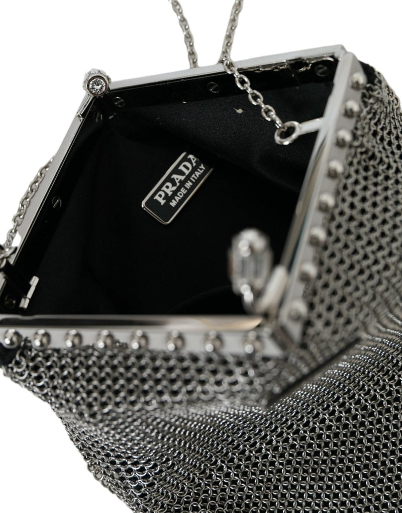 Elegant Silver Mesh Shoulder Evening Bag Prada