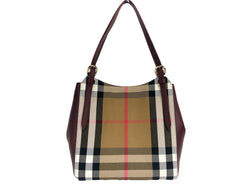 Small Canterby Mahogany Leather Check Canvas Tote Bag Purse Burberry