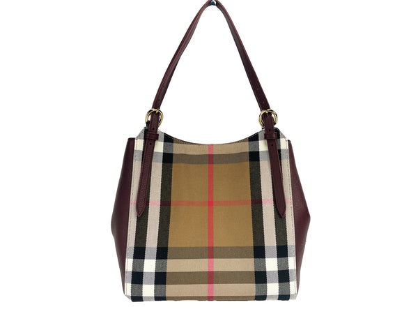 Small Canterby Mahogany Leather Check Canvas Tote Bag Purse Burberry