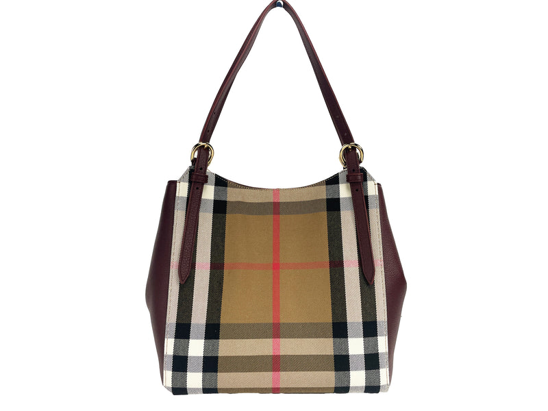 Small Canterby Mahogany Leather Check Canvas Tote Bag Purse Burberry