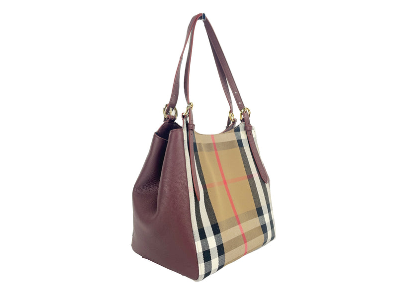 Small Canterby Mahogany Leather Check Canvas Tote Bag Purse Burberry