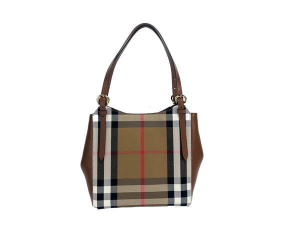 Small Canterby Tan Leather Check Canvas Tote Bag Purse Burberry