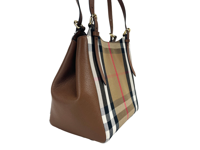 Small Canterby Tan Leather Check Canvas Tote Bag Purse Burberry