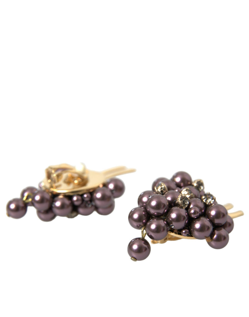 Purple Grape Pearl Sicily Gold Brass Floral Clip On Earrings Dolce & Gabbana