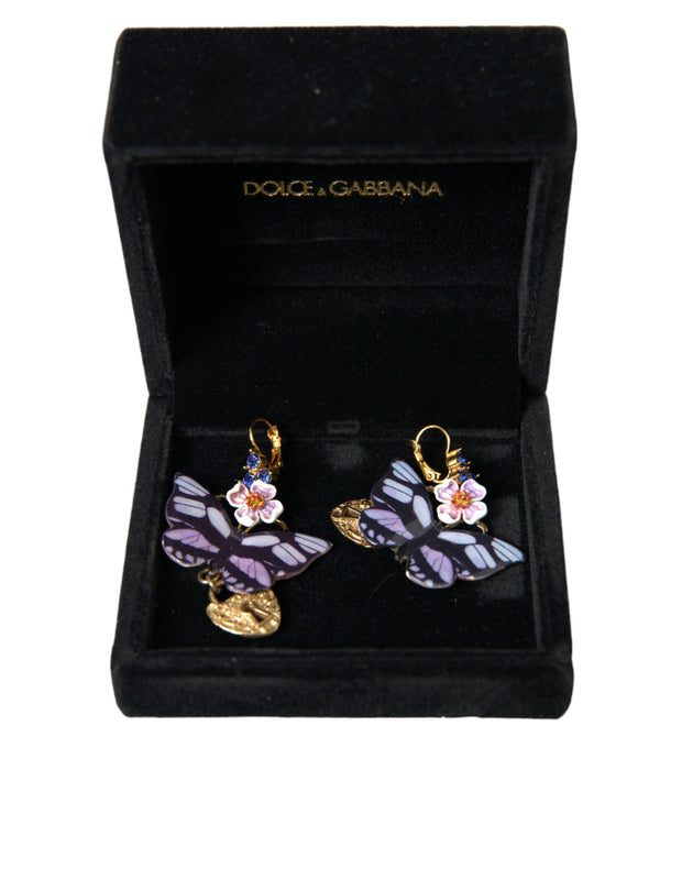 Gold Purple Crystal Butterfly Heart Locket Earrings Dolce & Gabbana