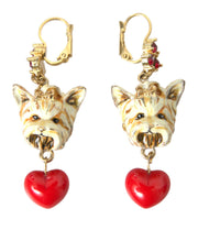 Gold Brass Heart Dog Red Crystal Dangling Earrings Dolce & Gabbana