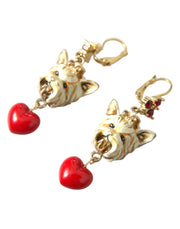 Gold Brass Heart Dog Red Crystal Dangling Earrings Dolce & Gabbana