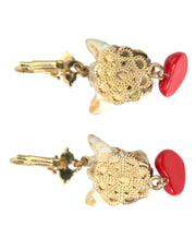 Gold Brass Heart Dog Red Crystal Dangling Earrings Dolce & Gabbana